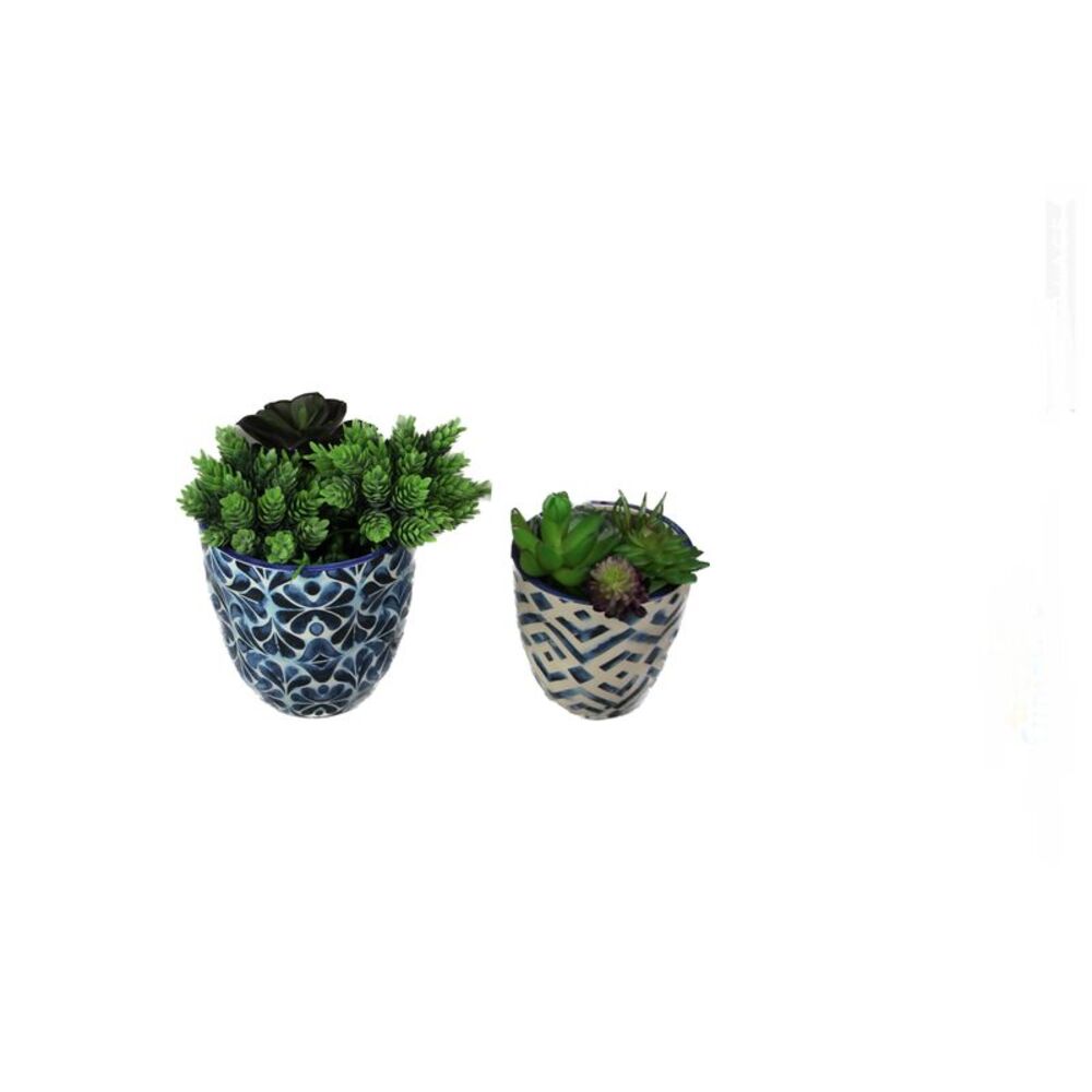 Set of 2 Blue and White Ceramic Geometric Design Mini Planter Pots - Picture 2 of 2